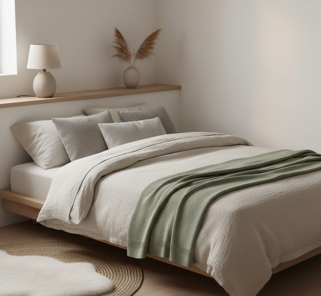 Bedroom corner with minimalist textiles