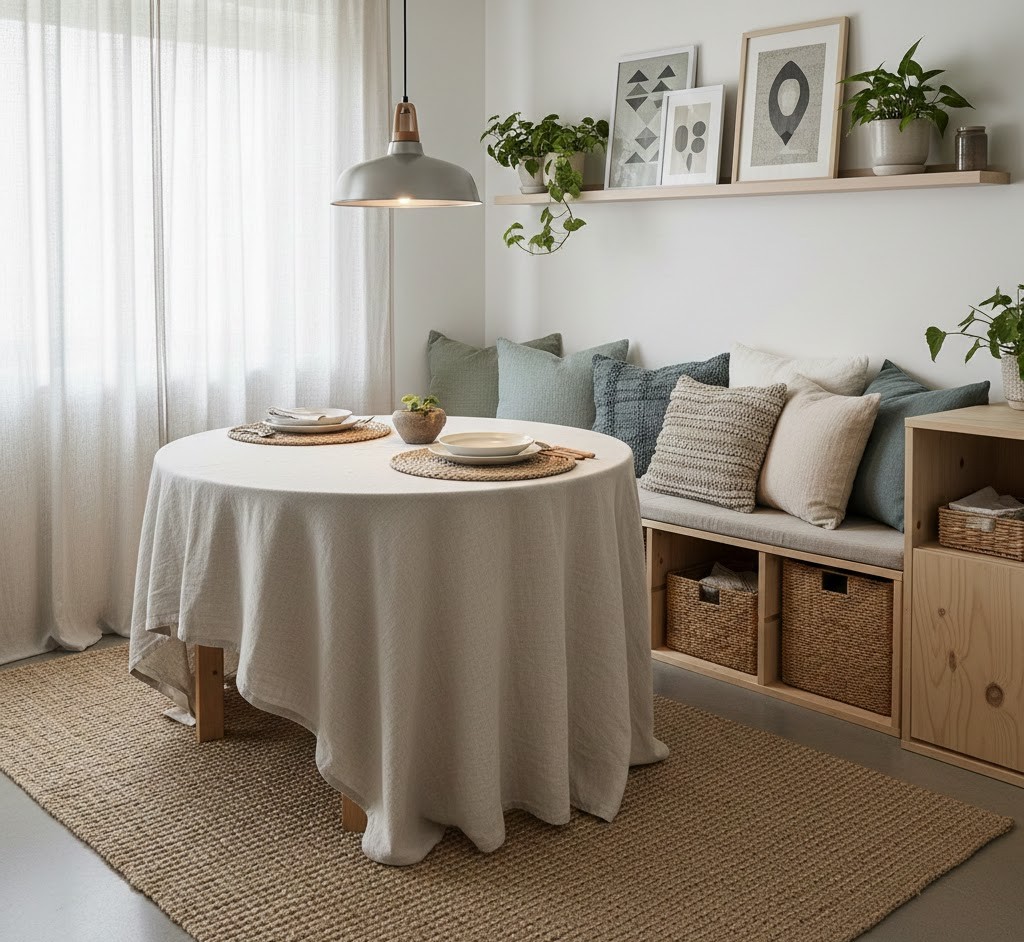 Dining area with table linens and textile accents