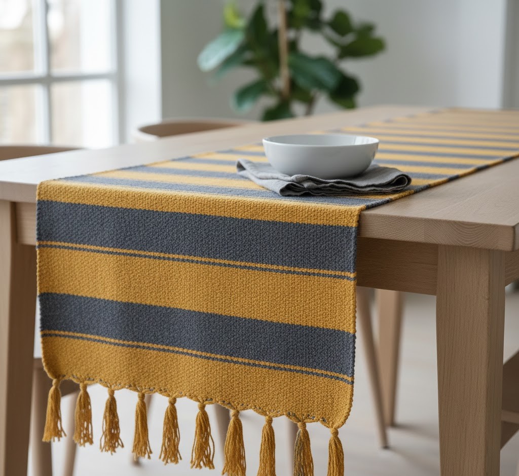 Woven table runner in warm ochre and slate